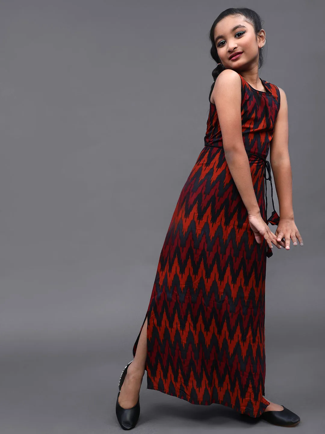 Girl's Black & Red Ikat Printed Maxi Dress - Aks Girls