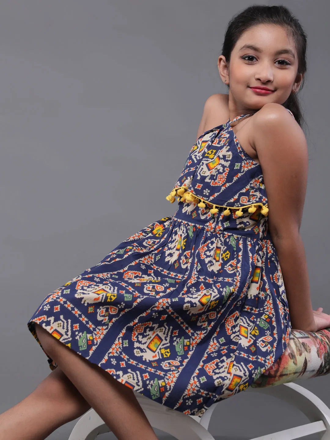 Girl's Blue & Yellow Printed Short Dress With Pom-Pom Details - Aks Girls