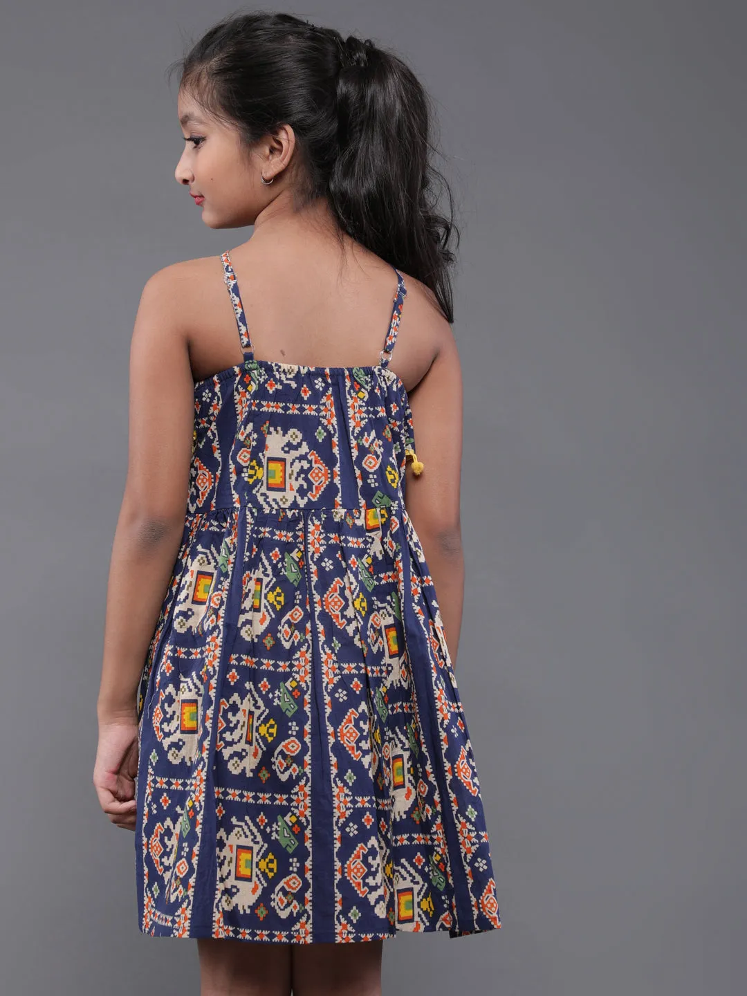 Girl's Blue & Yellow Printed Short Dress With Pom-Pom Details - Aks Girls