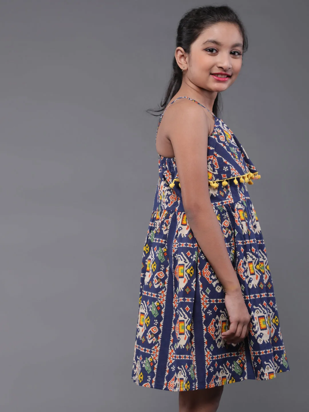 Girl's Blue & Yellow Printed Short Dress With Pom-Pom Details - Aks Girls
