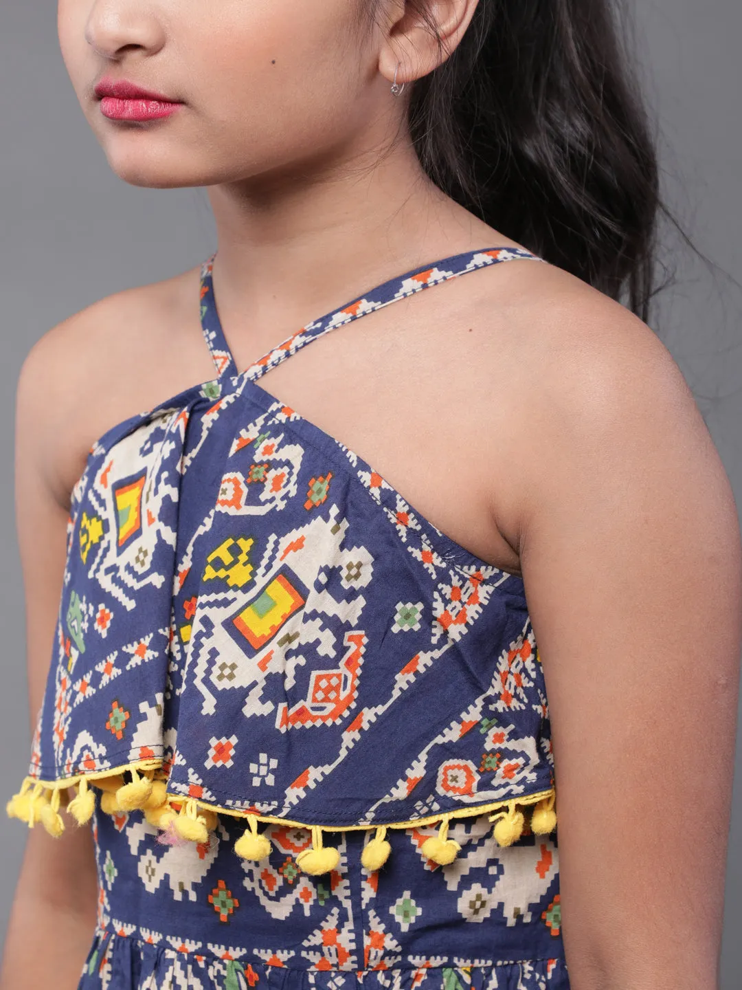 Girl's Blue & Yellow Printed Short Dress With Pom-Pom Details - Aks Girls