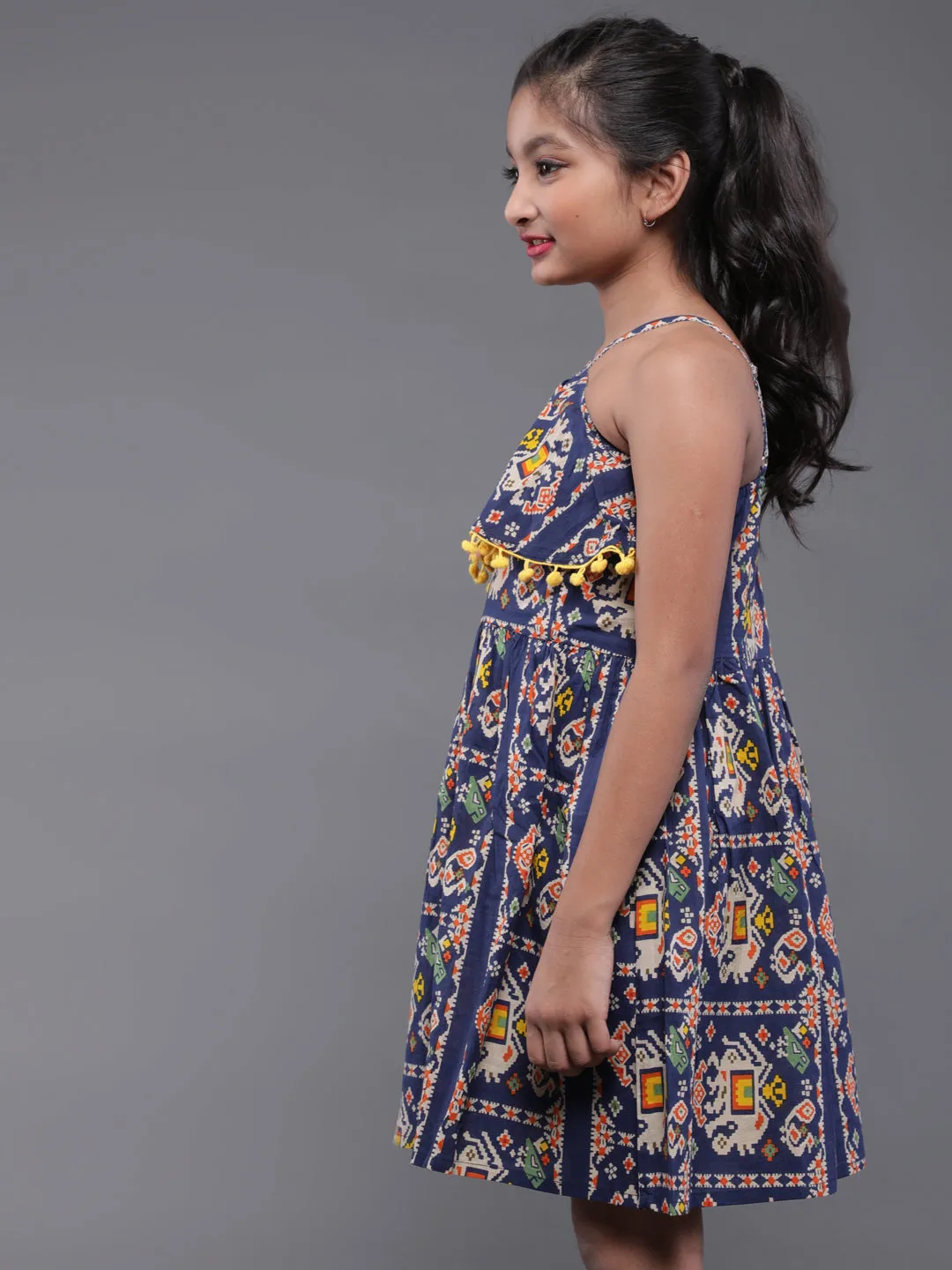 Girl's Blue & Yellow Printed Short Dress With Pom-Pom Details - Aks Girls
