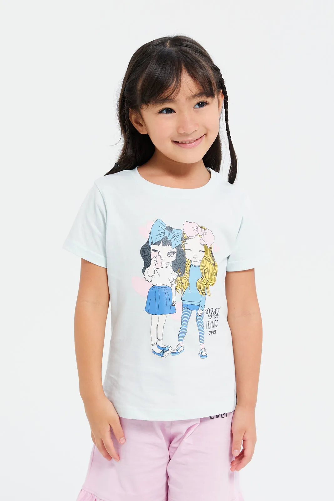 Girls Mint And Pink Printed Pyjama Set (2 Piece)