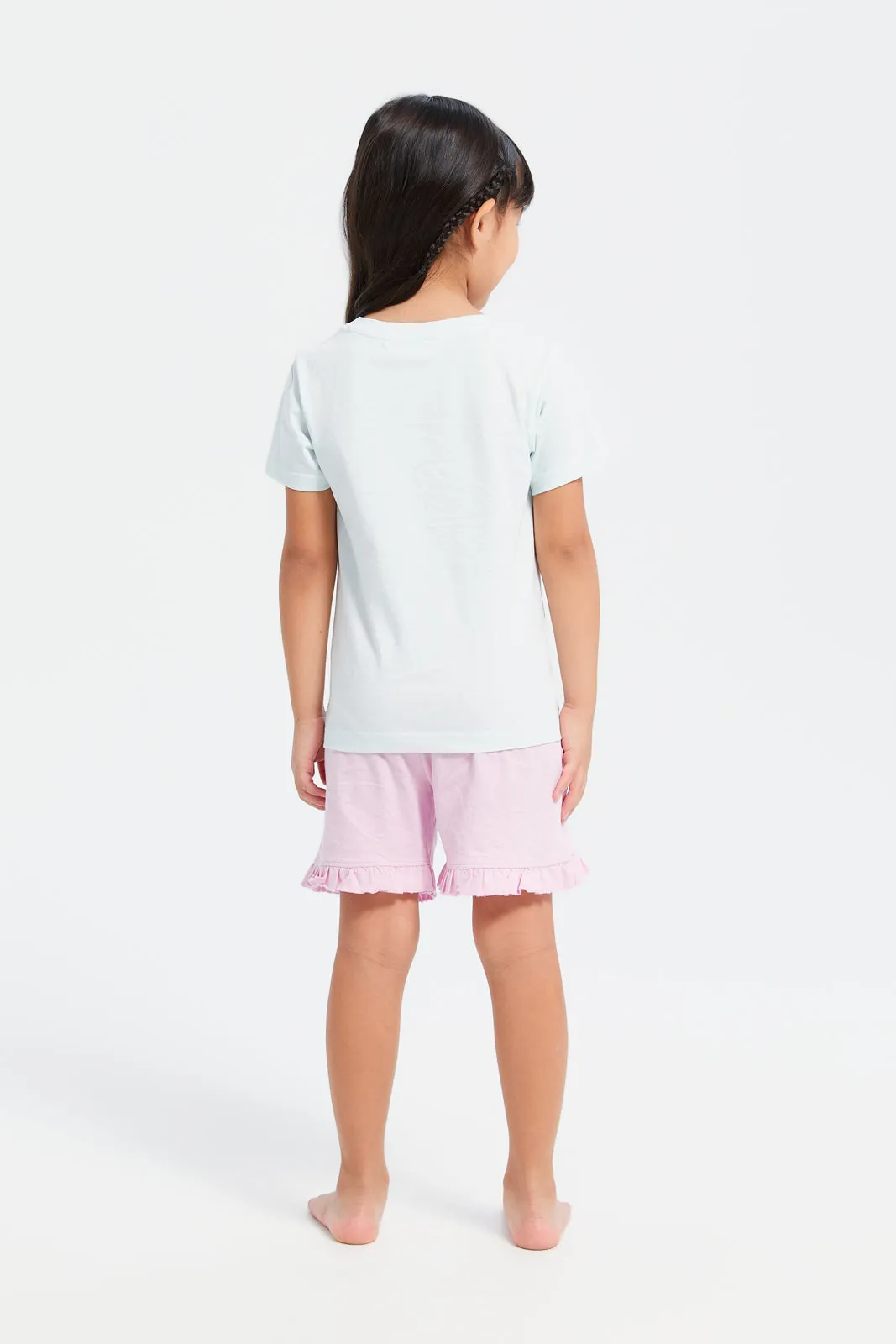 Girls Mint And Pink Printed Pyjama Set (2 Piece)
