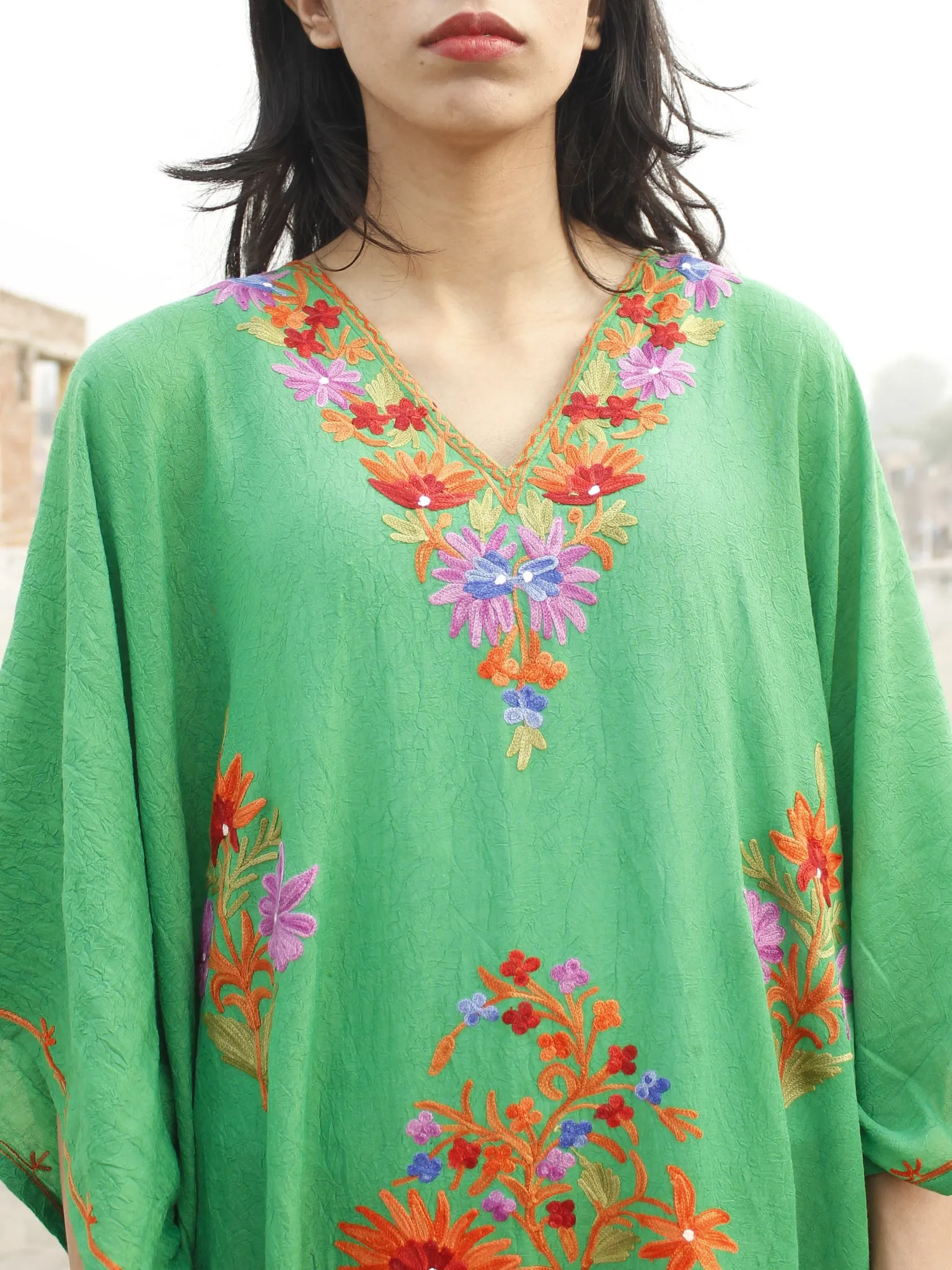 Green Orange Lavender Aari Embroidered Long Kashmere Free Size Kaftan in Crushed Cotton - K11K020
