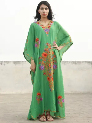 Green Orange Lavender Aari Embroidered Long Kashmere Free Size Kaftan in Crushed Cotton - K11K020