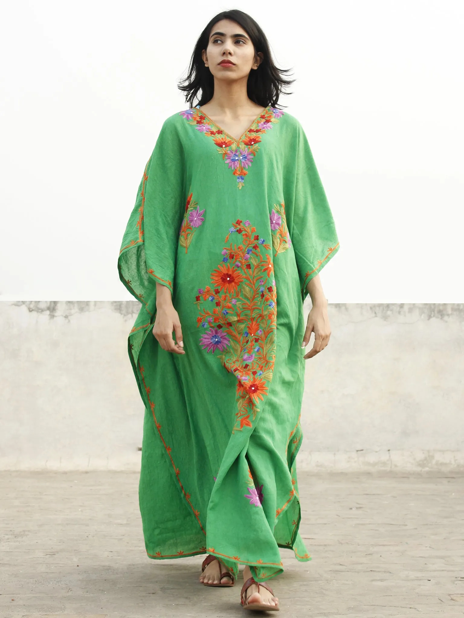 Green Orange Lavender Aari Embroidered Long Kashmere Free Size Kaftan in Crushed Cotton - K11K020