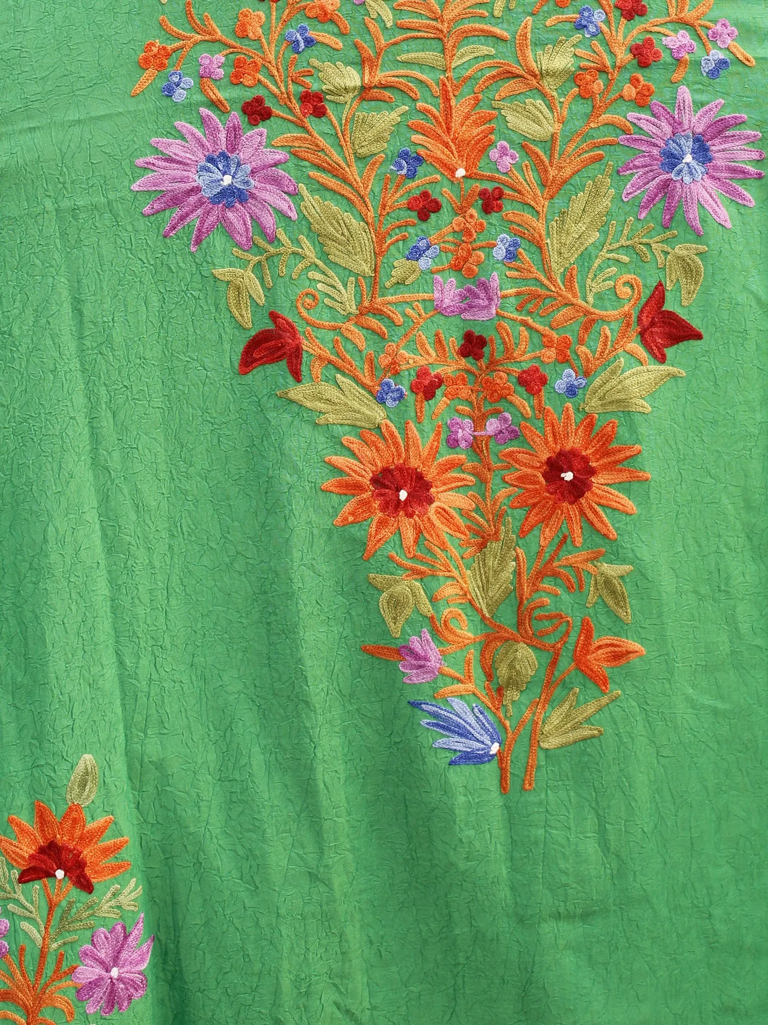 Green Orange Lavender Aari Embroidered Long Kashmere Free Size Kaftan in Crushed Cotton - K11K020