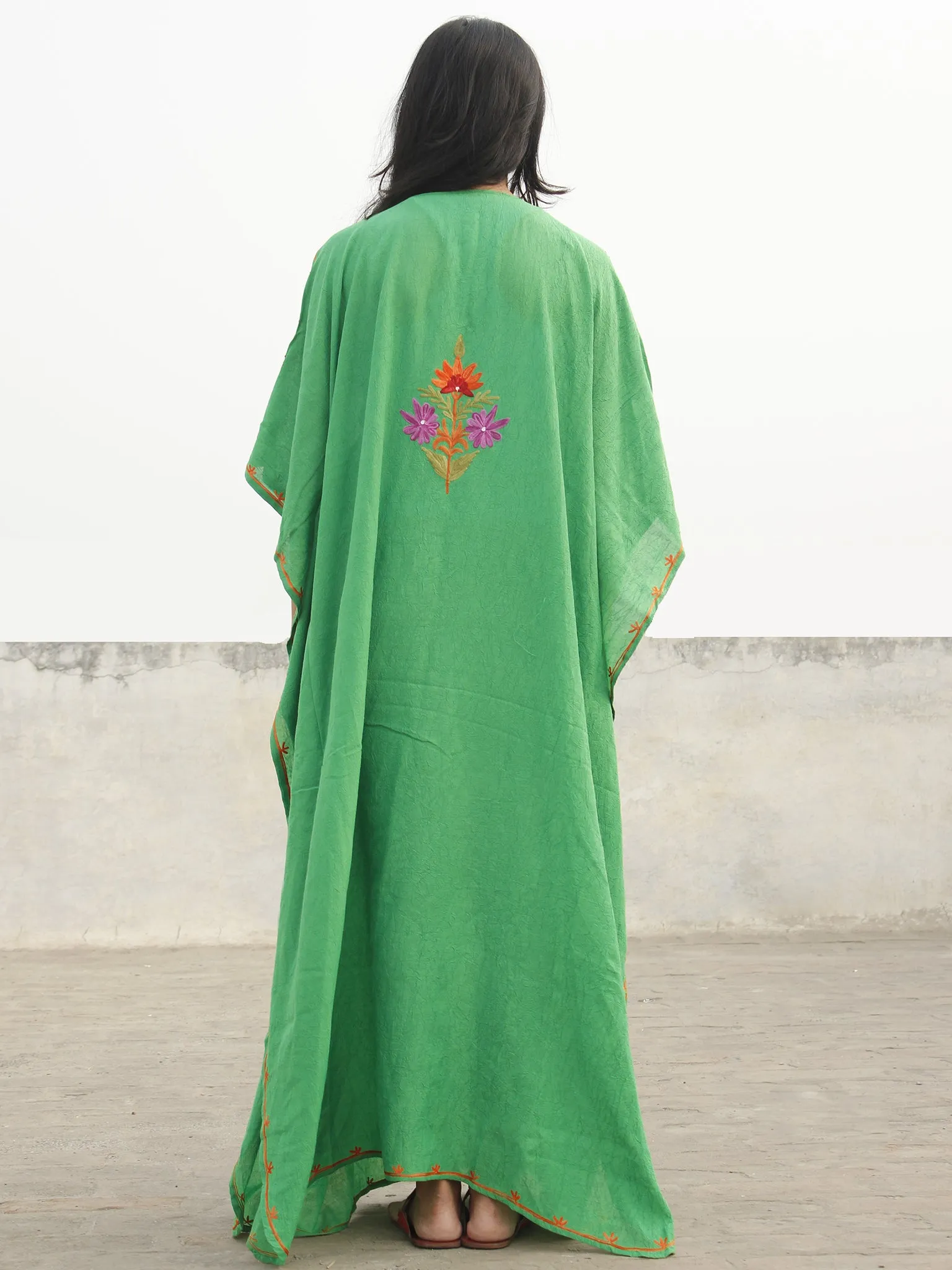 Green Orange Lavender Aari Embroidered Long Kashmere Free Size Kaftan in Crushed Cotton - K11K020