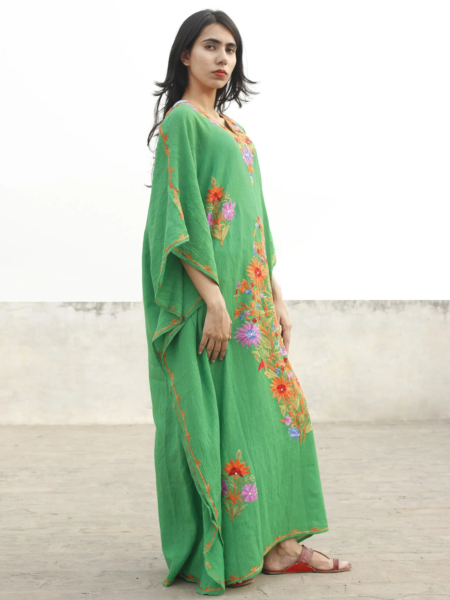 Green Orange Lavender Aari Embroidered Long Kashmere Free Size Kaftan in Crushed Cotton - K11K020