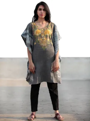 Grey Yellow Green Ivory Aari Embroidered Short Kashmere Kaftan  - K11K038