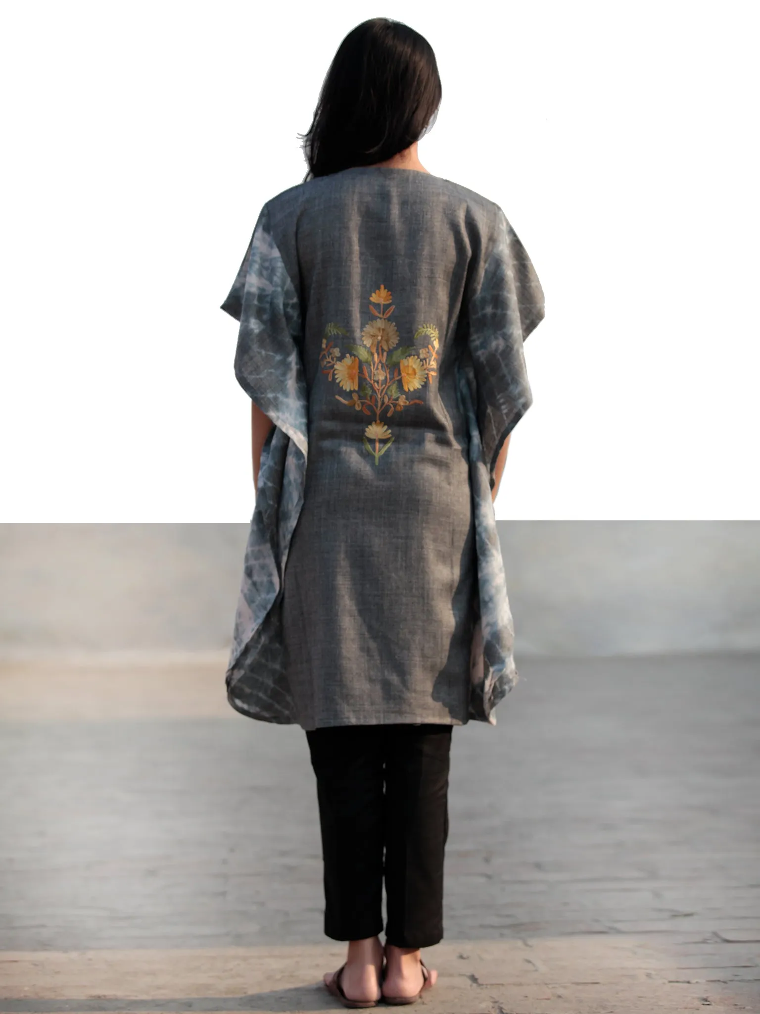 Grey Yellow Green Ivory Aari Embroidered Short Kashmere Kaftan  - K11K038