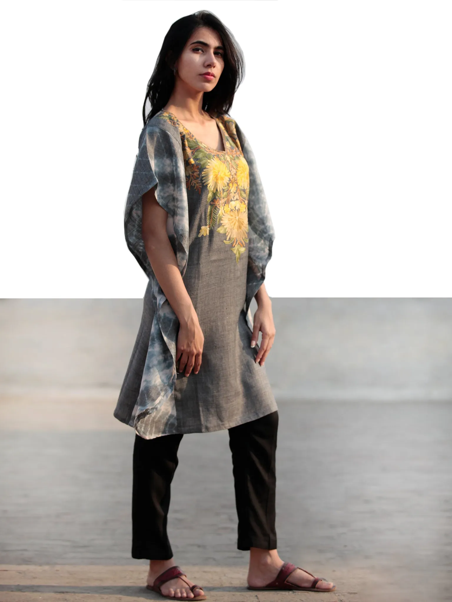 Grey Yellow Green Ivory Aari Embroidered Short Kashmere Kaftan  - K11K038