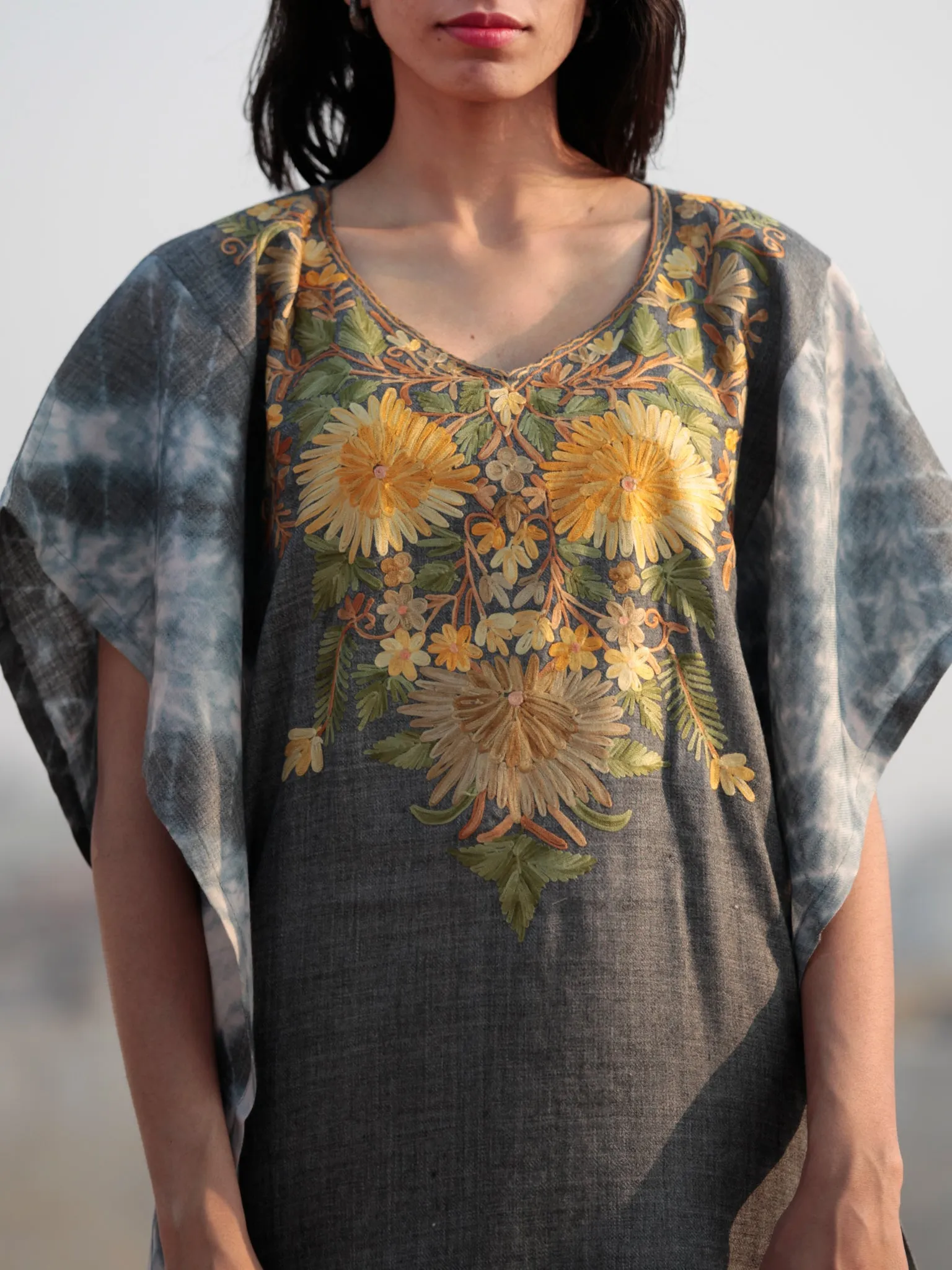 Grey Yellow Green Ivory Aari Embroidered Short Kashmere Kaftan  - K11K038