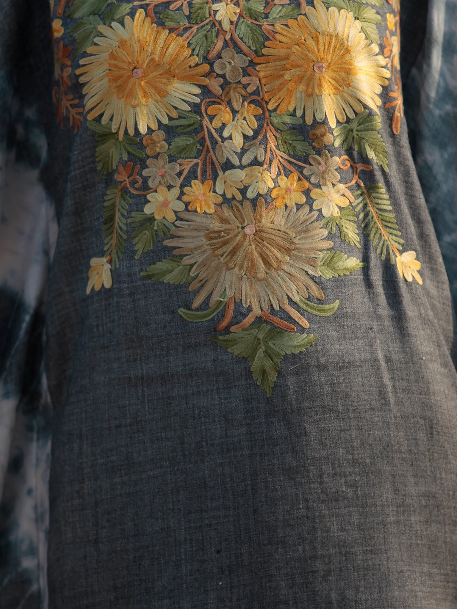 Grey Yellow Green Ivory Aari Embroidered Short Kashmere Kaftan  - K11K038