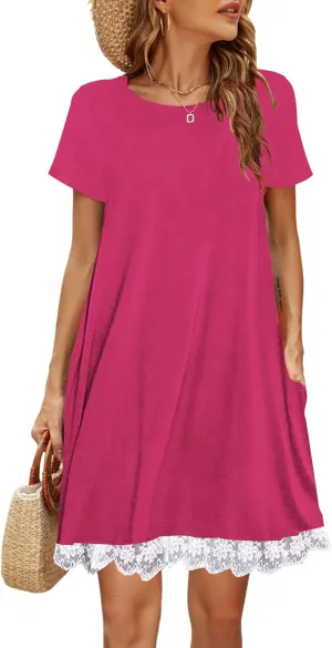 Halife Womens Summer Casual Tshirt Dress Loose Lace Hem Short Sleeve Beach Sundresses with Pockets