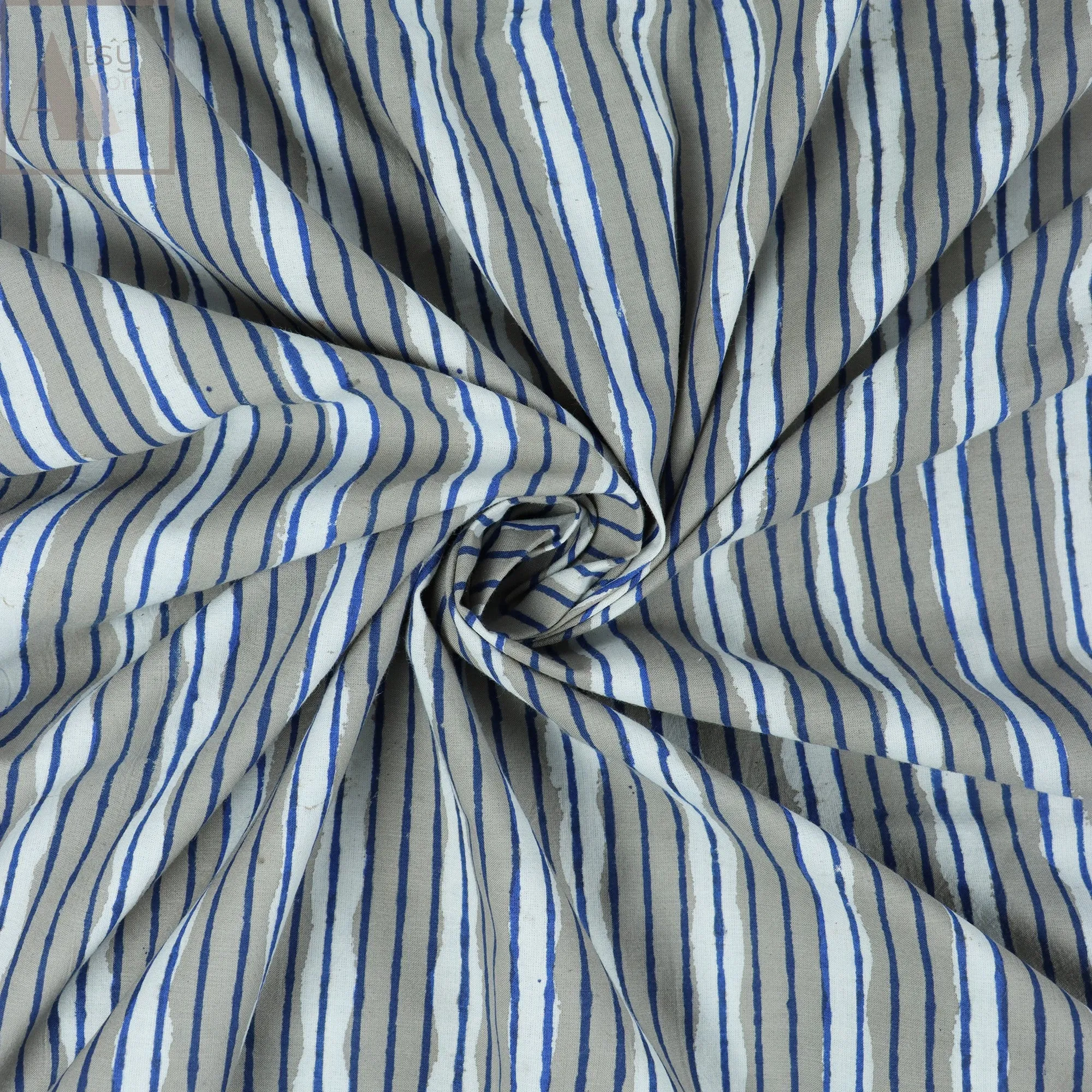 Hand Block Stripes Printed Voile Organic Cotton Fabric