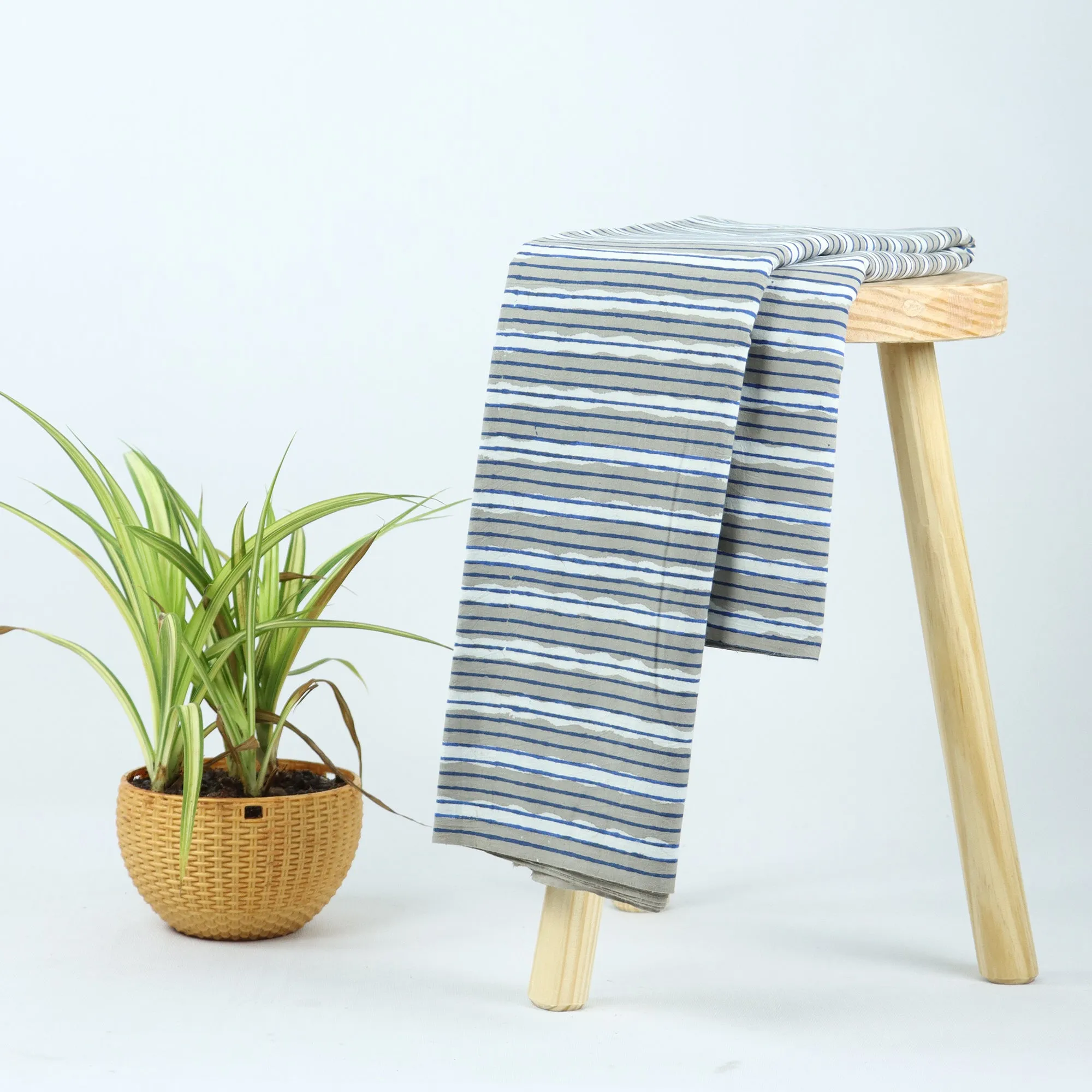 Hand Block Stripes Printed Voile Organic Cotton Fabric