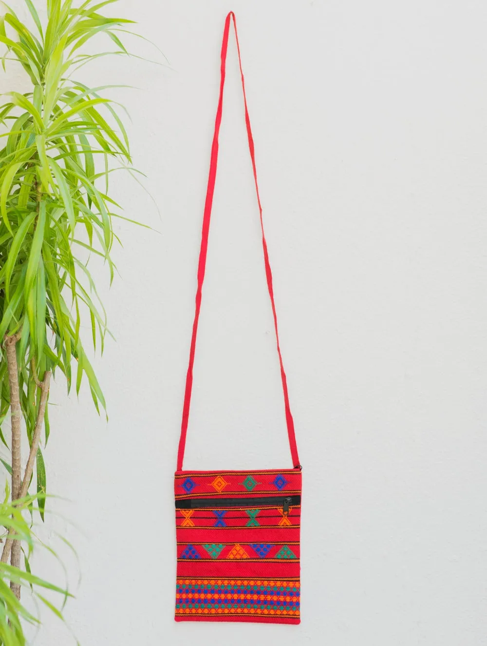 Handwoven Kashida Pattu Small Cross Body Sling Bag - Red Geometrics