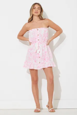 Hot Pink Printed Gauze Strapless Dress