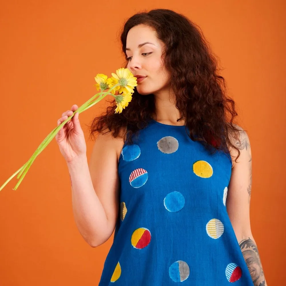 India Blue Fish & Dot Print Cotton Khadi Dress
