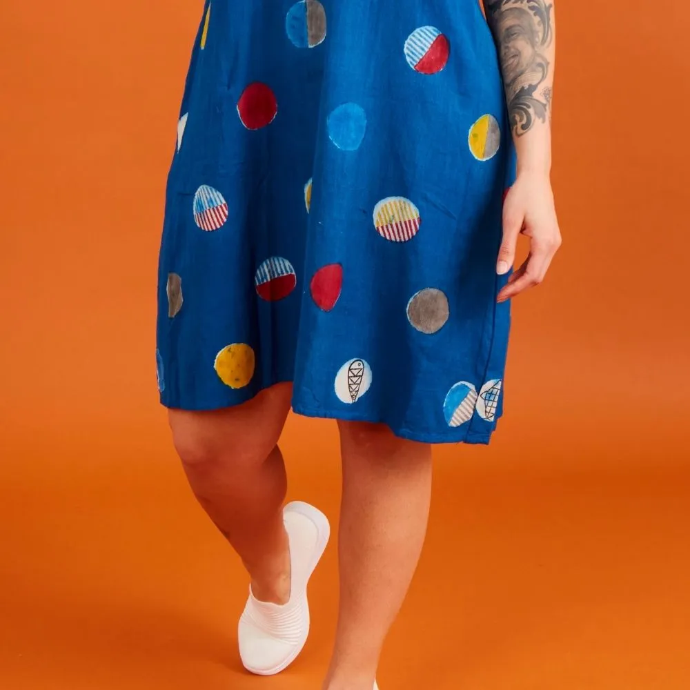India Blue Fish & Dot Print Cotton Khadi Dress