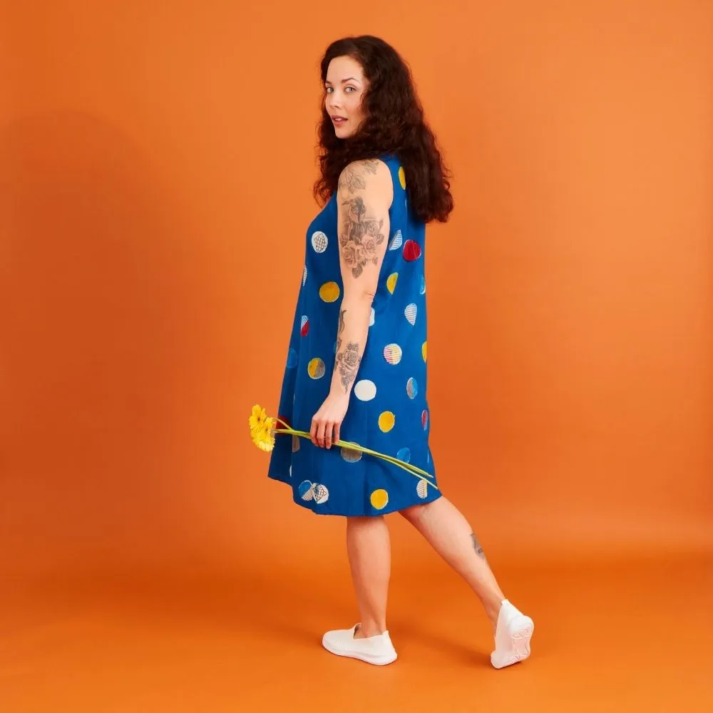 India Blue Fish & Dot Print Cotton Khadi Dress