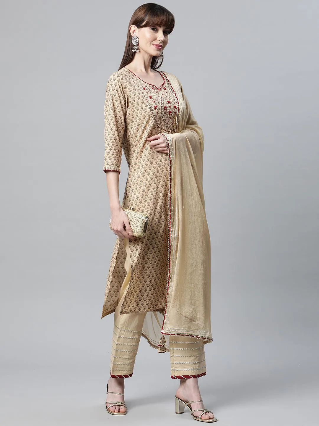 Jashvi Beige Color Cotton Straight Kurta Pant Set with Dupatta