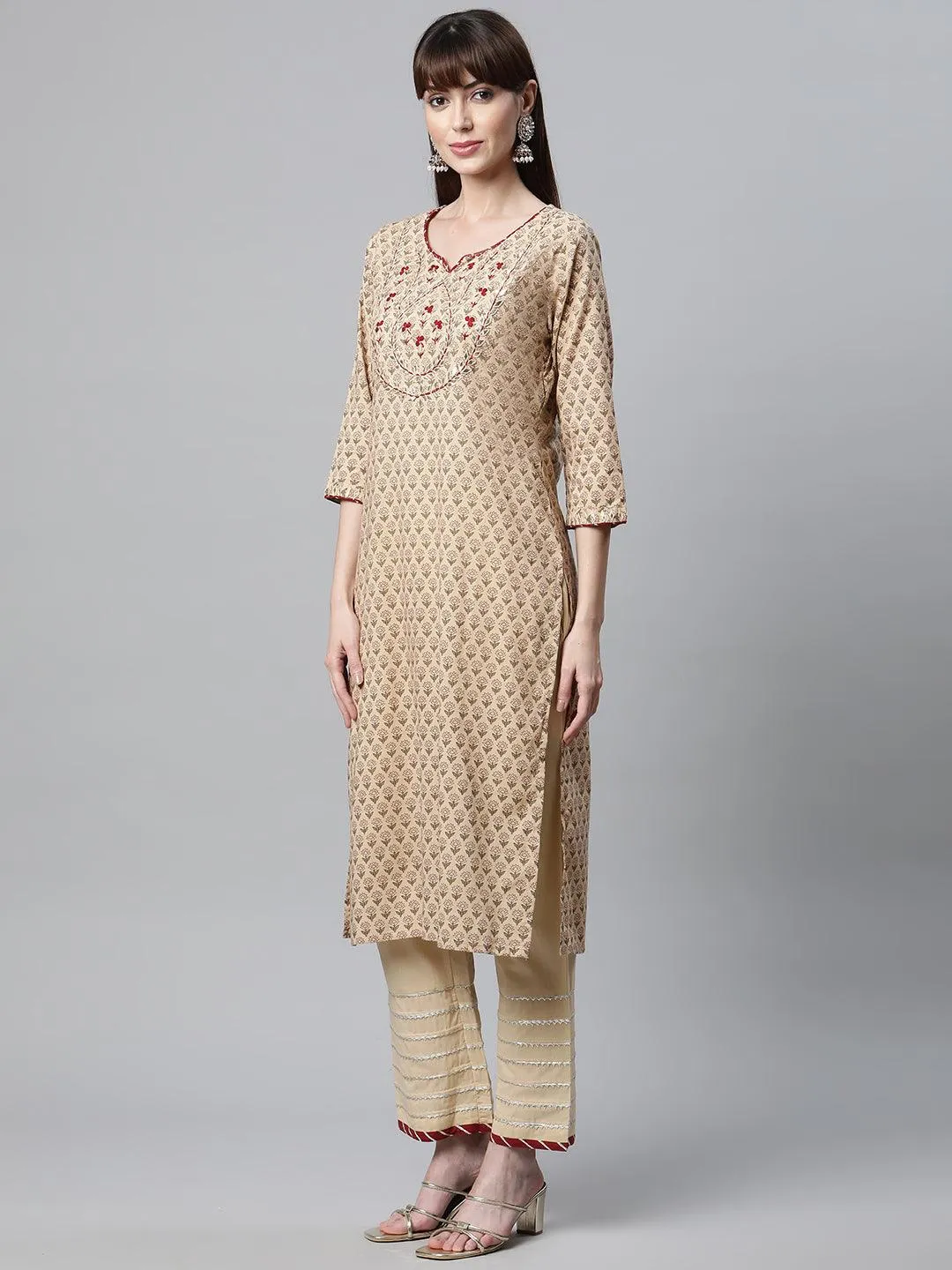 Jashvi Beige Color Cotton Straight Kurta Pant Set with Dupatta