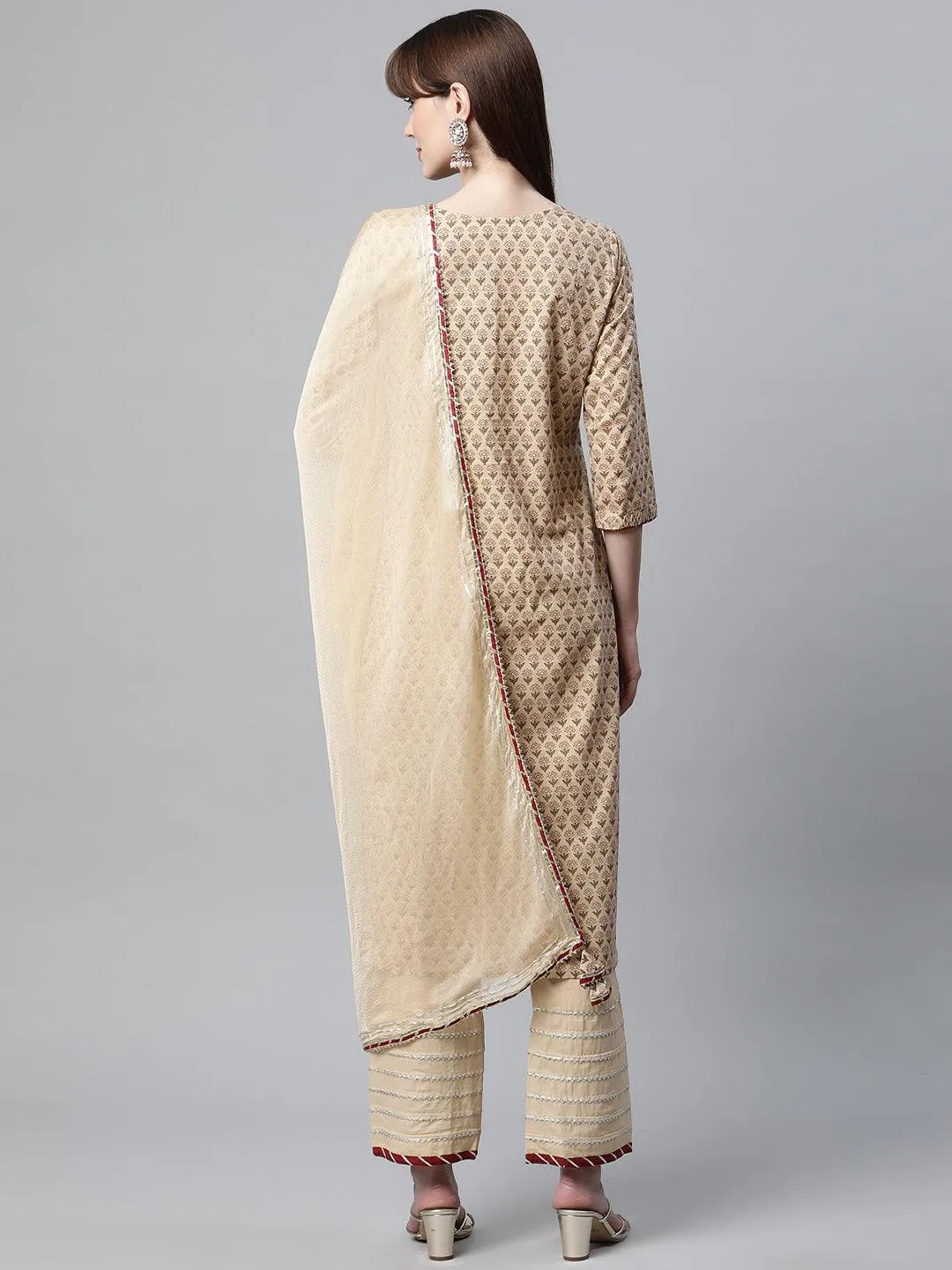 Jashvi Beige Color Cotton Straight Kurta Pant Set with Dupatta