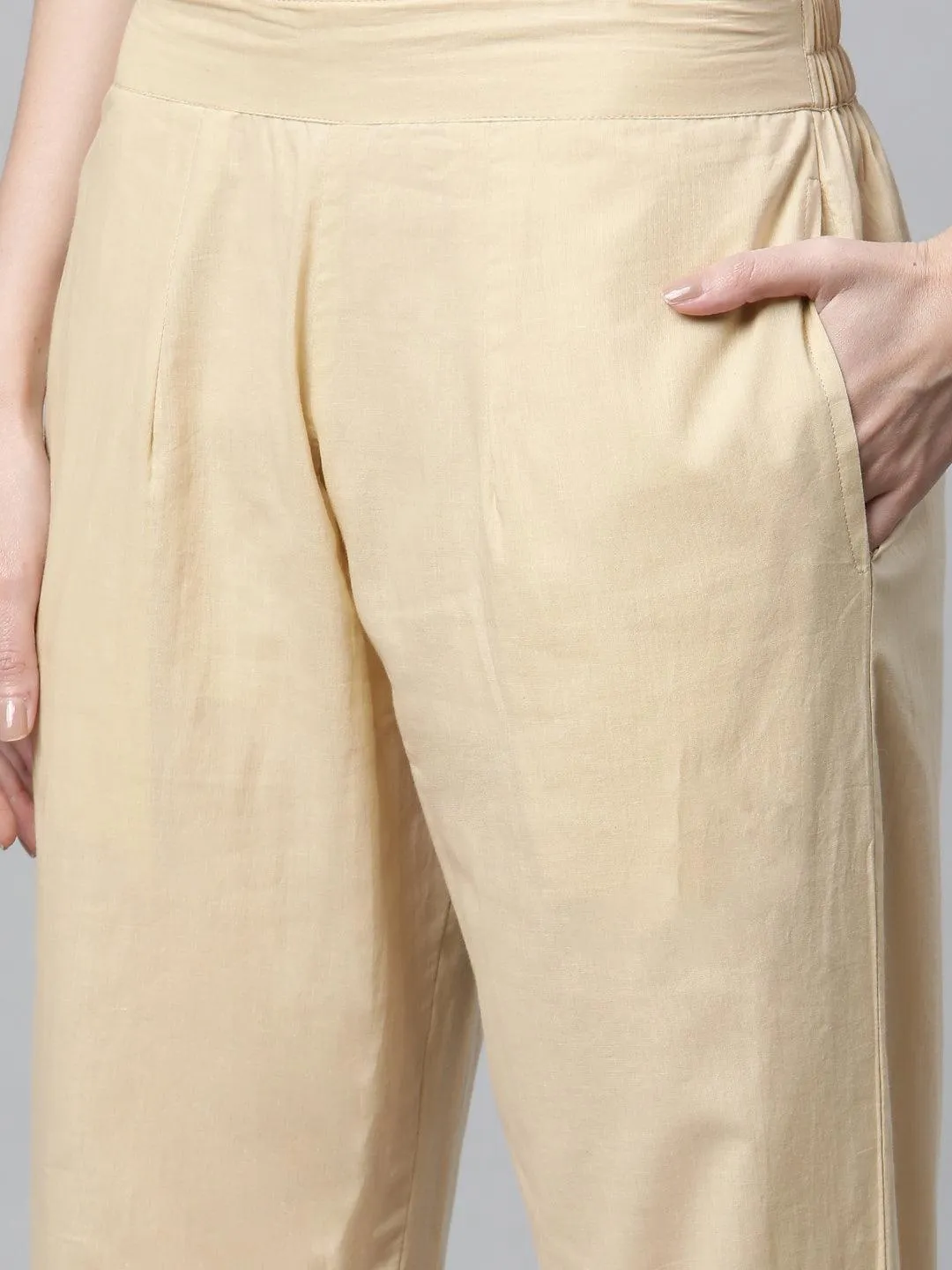 Jashvi Beige Color Cotton Straight Kurta Pant Set with Dupatta