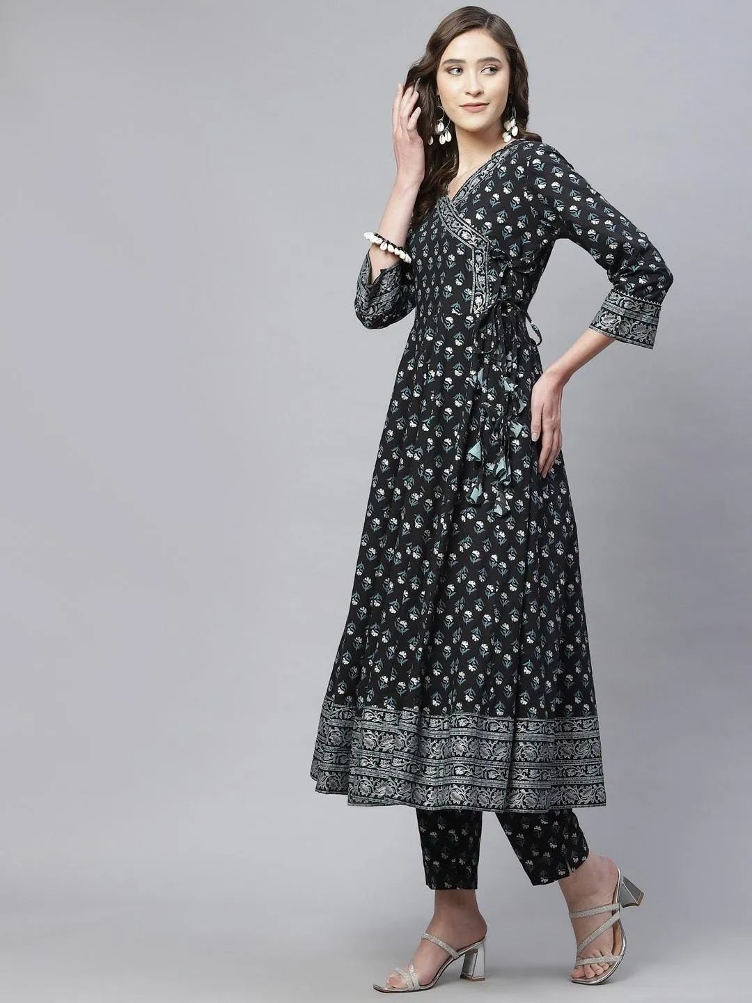 Jashvi Black Anarkali Kurta Pant set with Net Dupatta