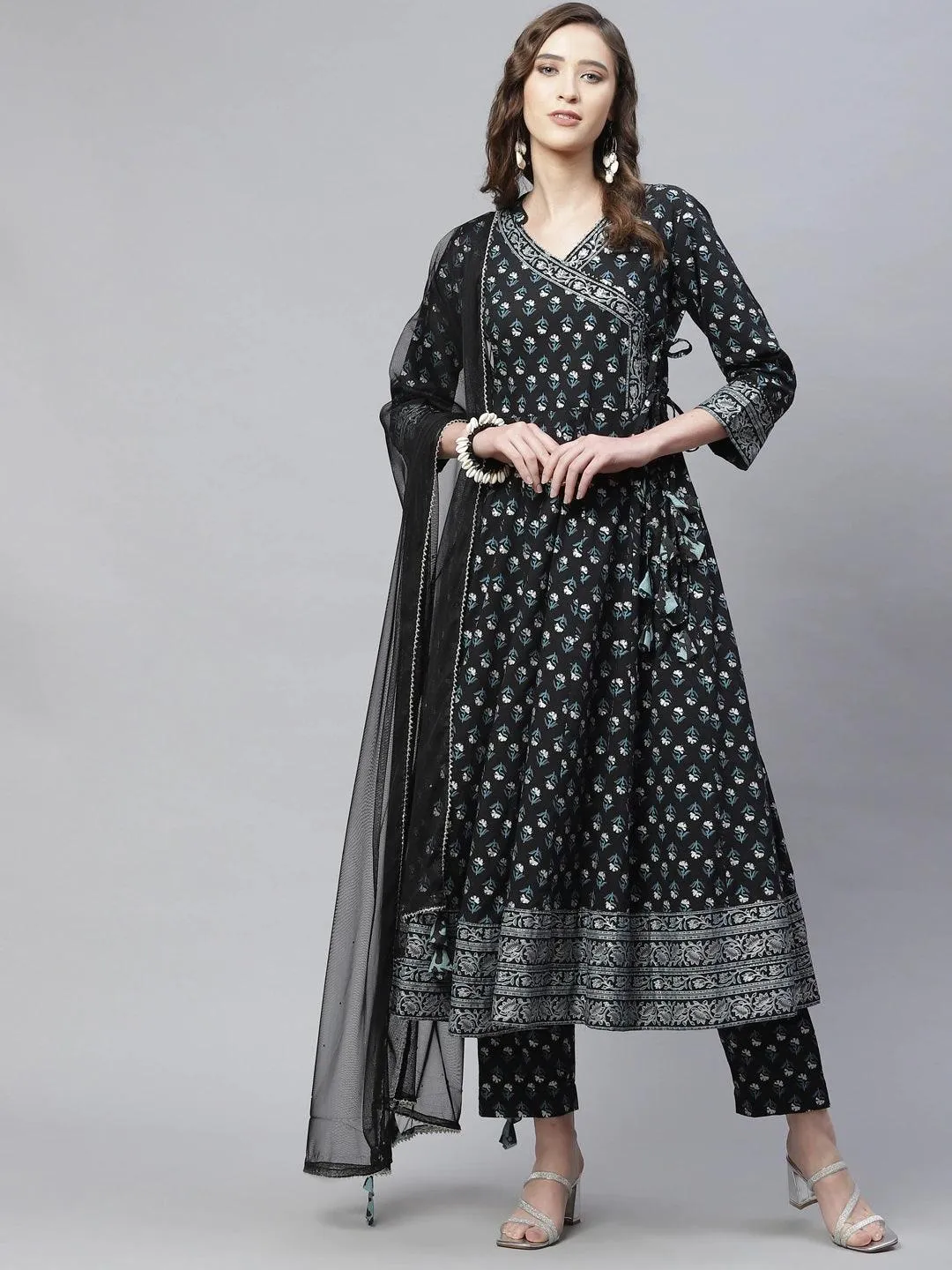 Jashvi Black Anarkali Kurta Pant set with Net Dupatta
