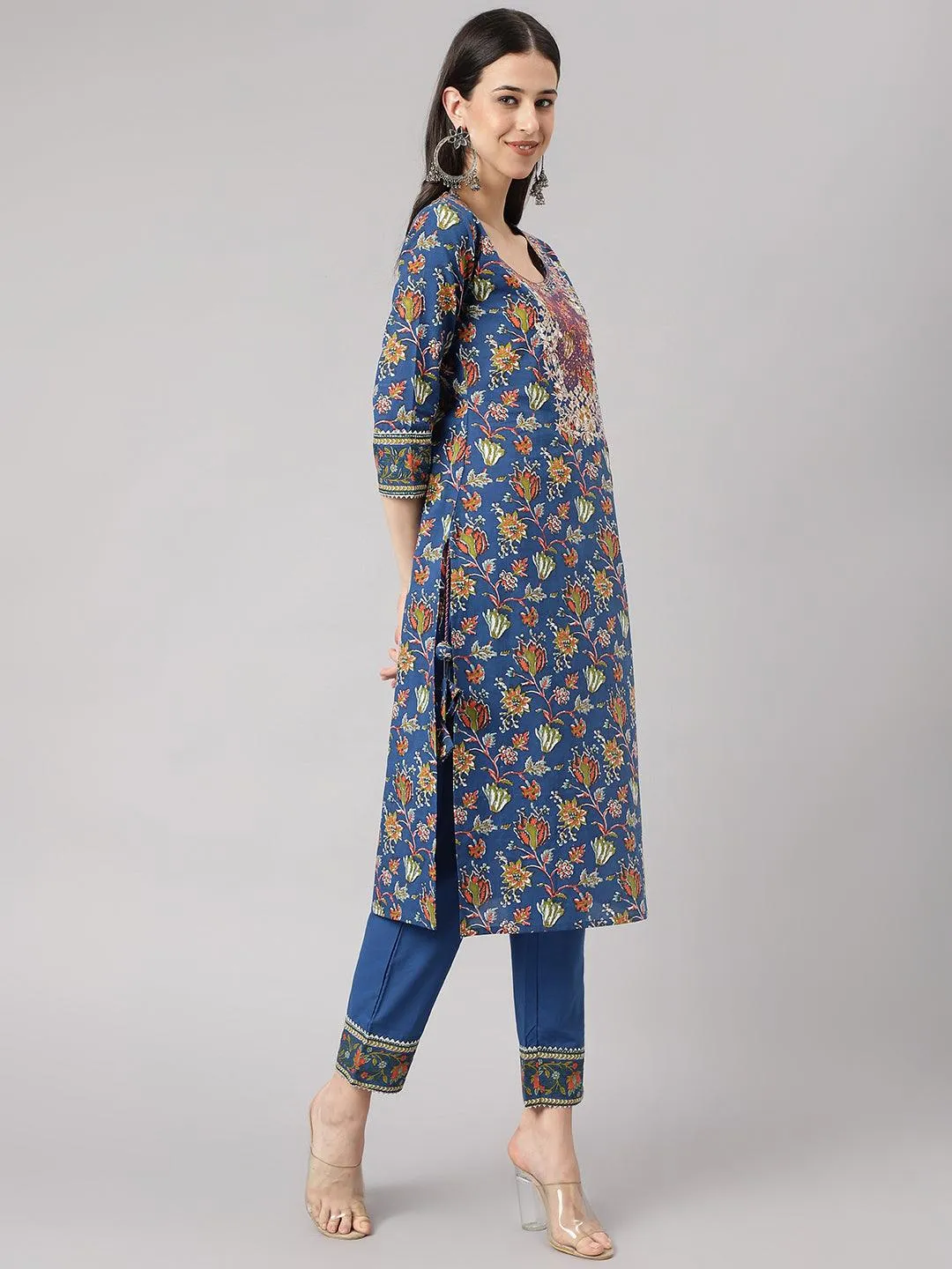 Jashvi Blue Floral Printed Kurta Pant Set with dupatta