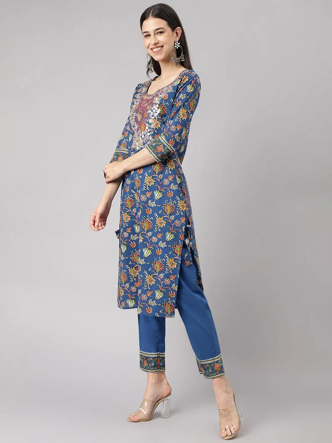 Jashvi Blue Floral Printed Kurta Pant Set with dupatta
