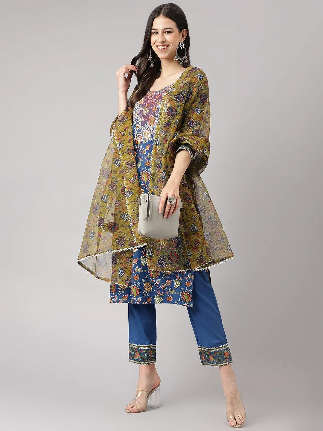 Jashvi Blue Floral Printed Kurta Pant Set with dupatta