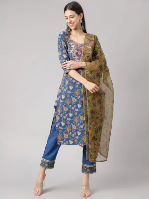 Jashvi Blue Floral Printed Kurta Pant Set with dupatta