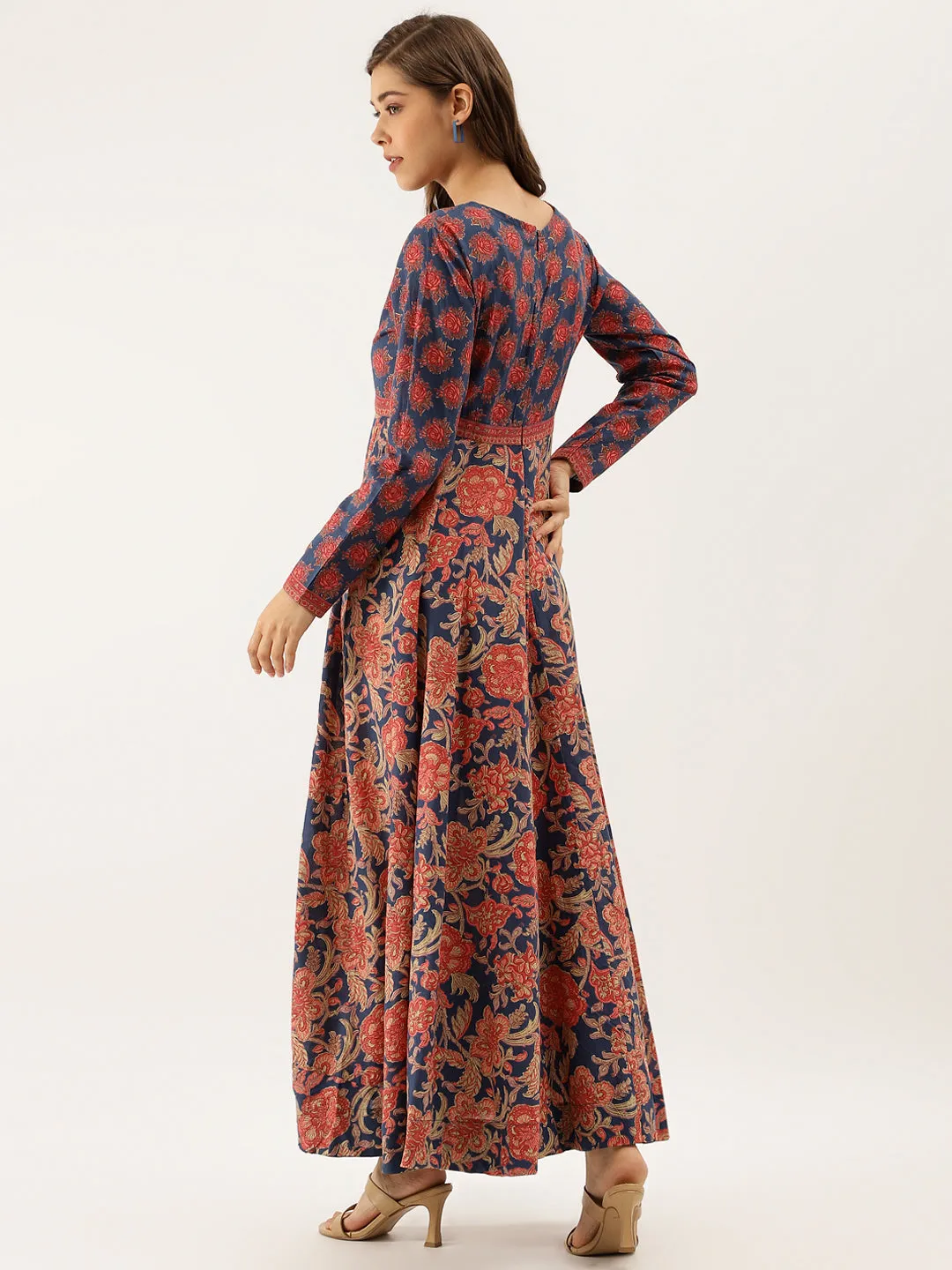 Jashvi Blue Maroon Floral Printed Cotton Ethnic Long Kurta for Women