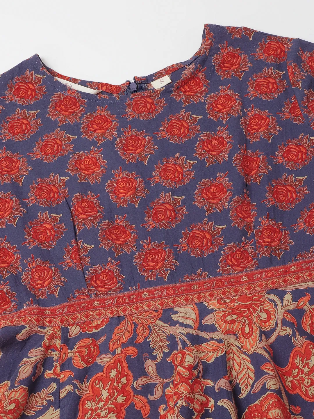 Jashvi Blue Maroon Floral Printed Cotton Ethnic Long Kurta for Women
