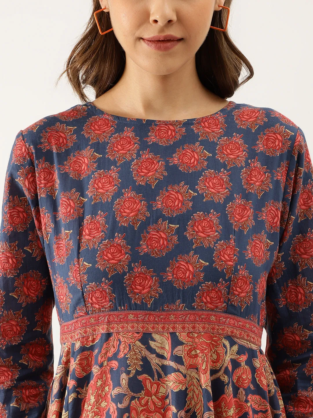 Jashvi Blue Maroon Floral Printed Cotton Ethnic Long Kurta for Women