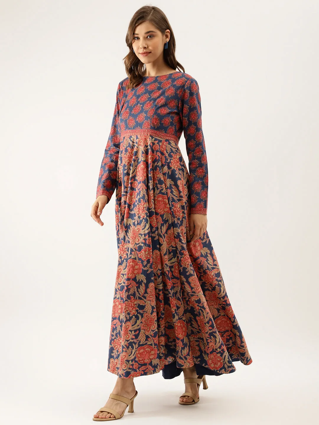 Jashvi Blue Maroon Floral Printed Cotton Ethnic Long Kurta for Women