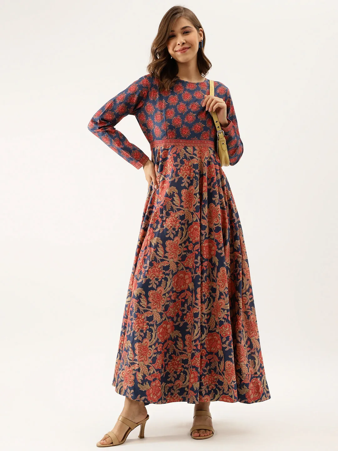 Jashvi Blue Maroon Floral Printed Cotton Ethnic Long Kurta for Women