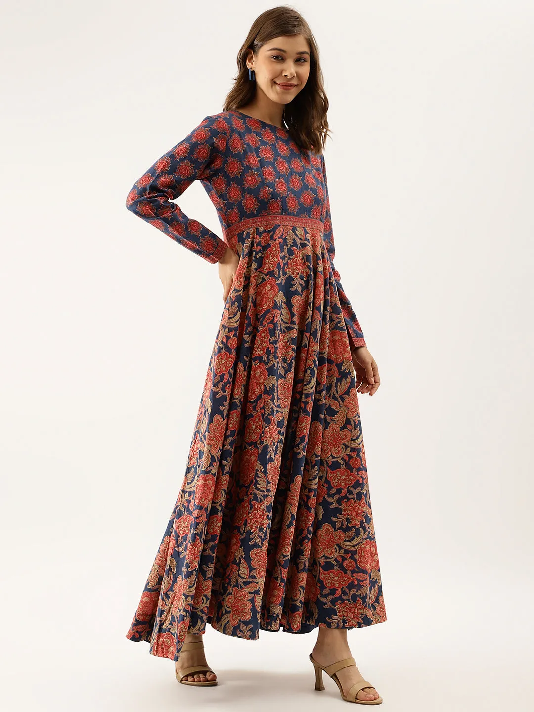 Jashvi Blue Maroon Floral Printed Cotton Ethnic Long Kurta for Women