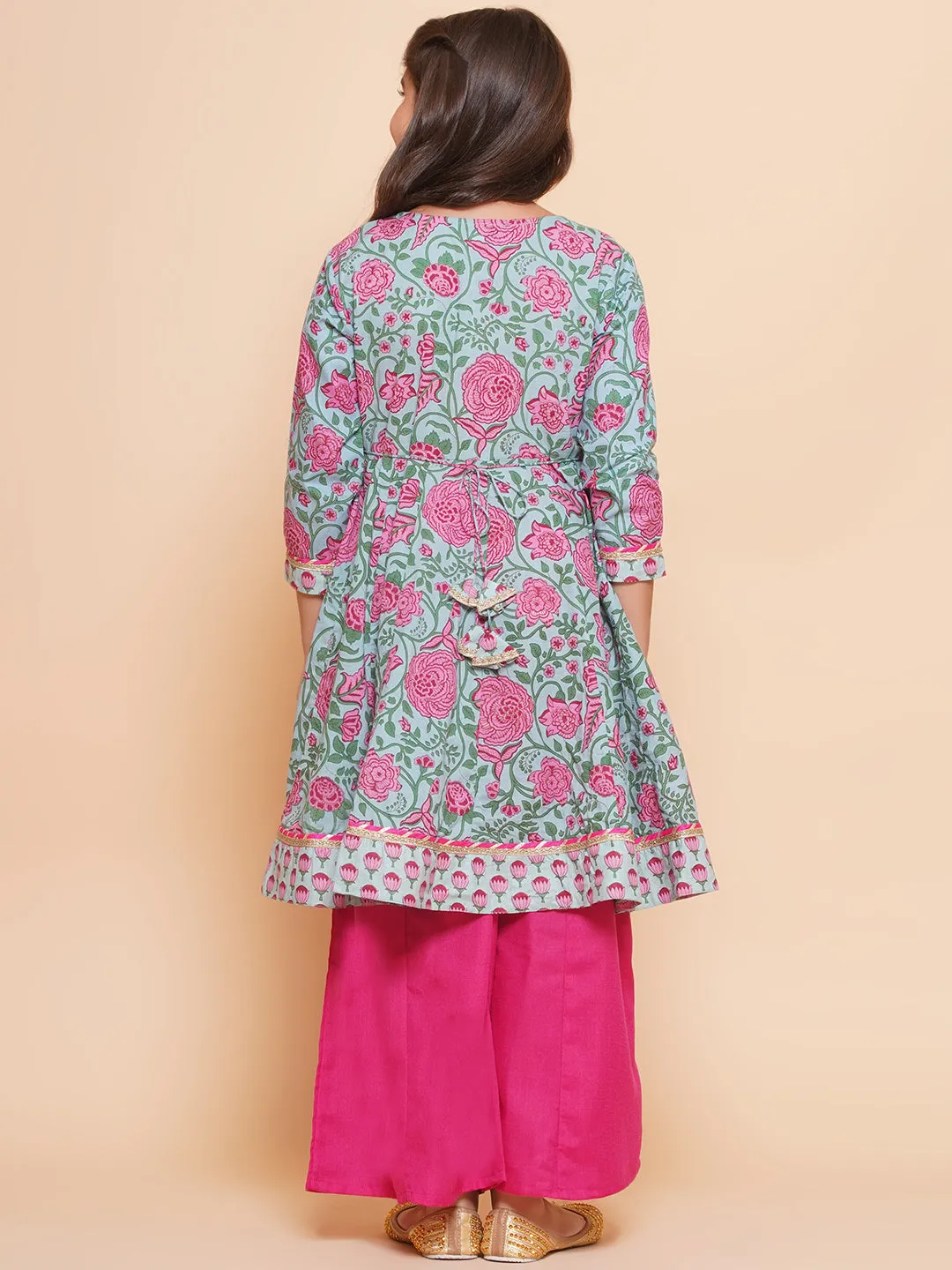 Jashvi Girls Blue Pink Printed Anarkali Kurta & Palazzos