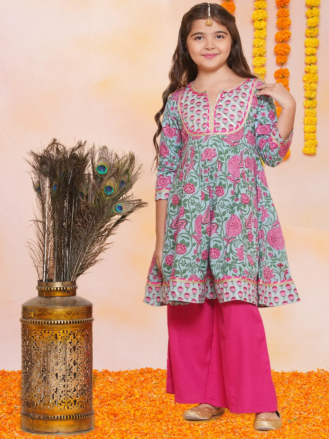 Jashvi Girls Blue Pink Printed Anarkali Kurta & Palazzos