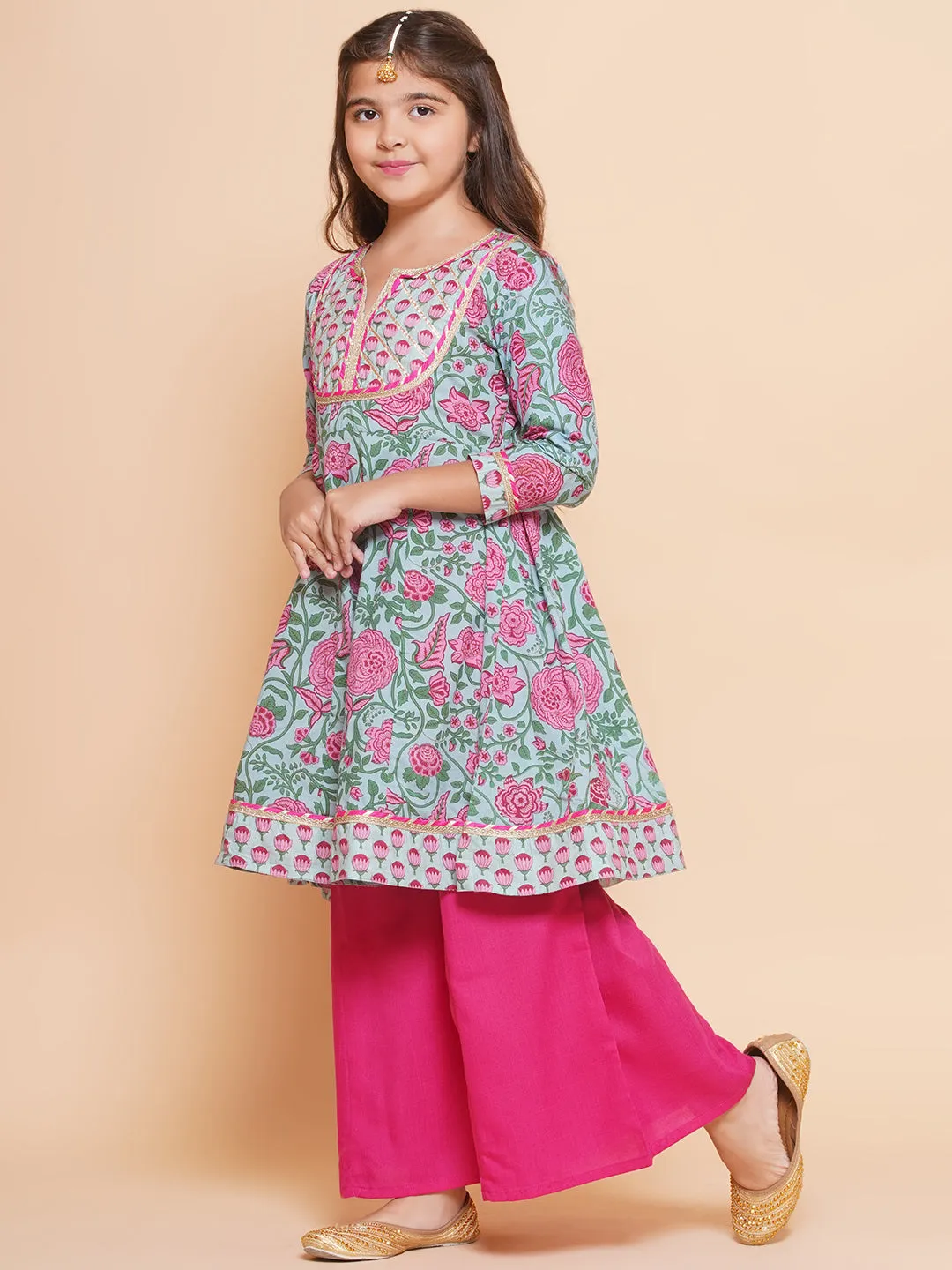 Jashvi Girls Blue Pink Printed Anarkali Kurta & Palazzos
