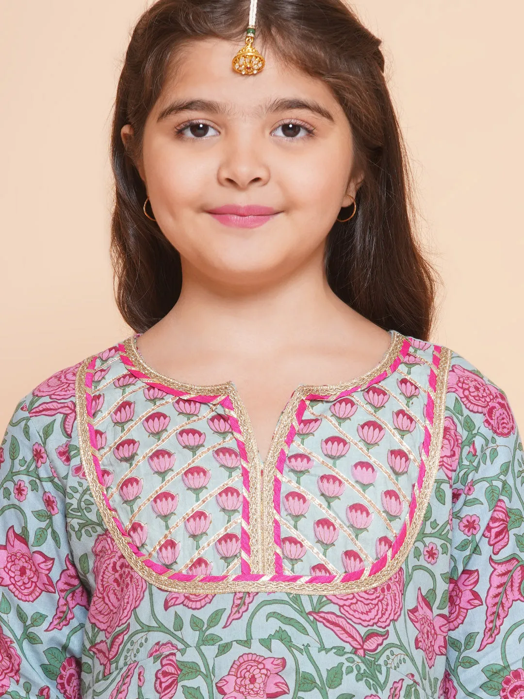 Jashvi Girls Blue Pink Printed Anarkali Kurta & Palazzos