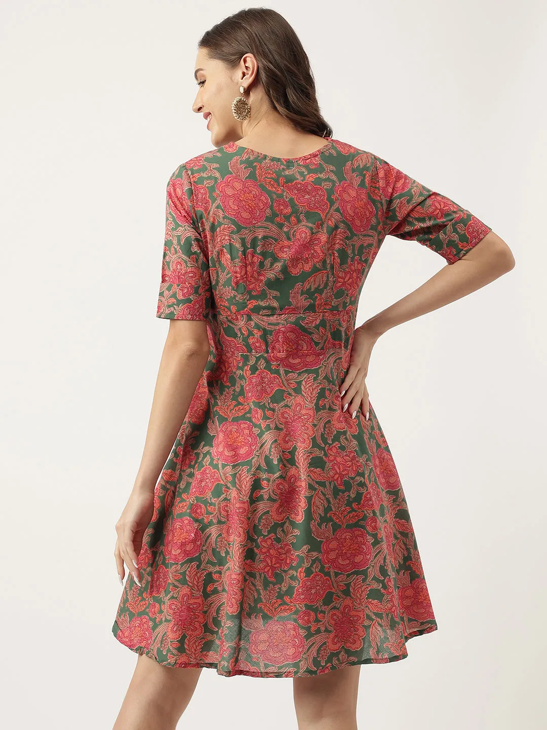 Jashvi Grey Pink Floral Printed Cotton Fit & Flare Mini Dress