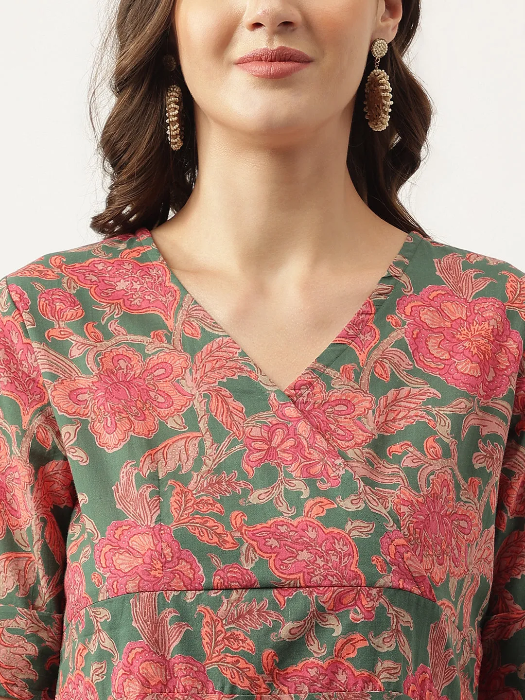 Jashvi Grey Pink Floral Printed Cotton Fit & Flare Mini Dress