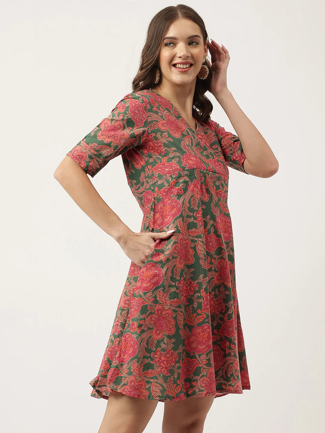 Jashvi Grey Pink Floral Printed Cotton Fit & Flare Mini Dress